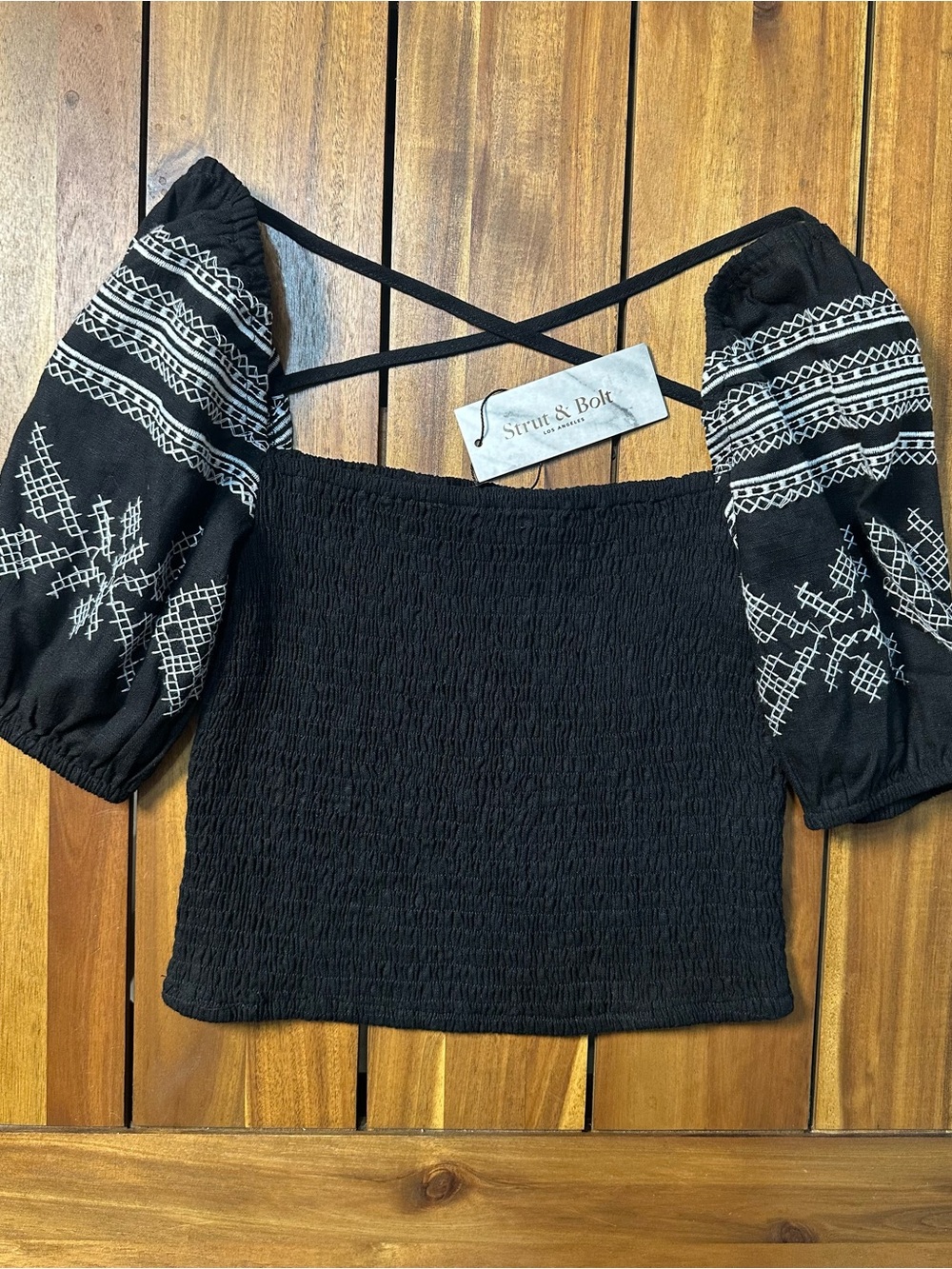 NWT Strut & Bolt Black Embroidered Puff-Sleeve Smocked Crop Top